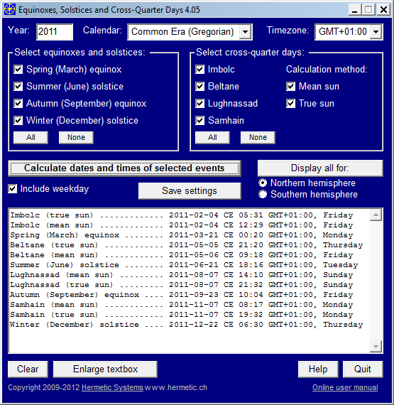 Calculates dates and times for equinoxes, solstices and cross-quarter days.