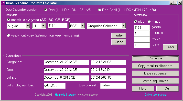 Click to view Julian-Gregorian-Dee Date Calculator 6.09 screenshot