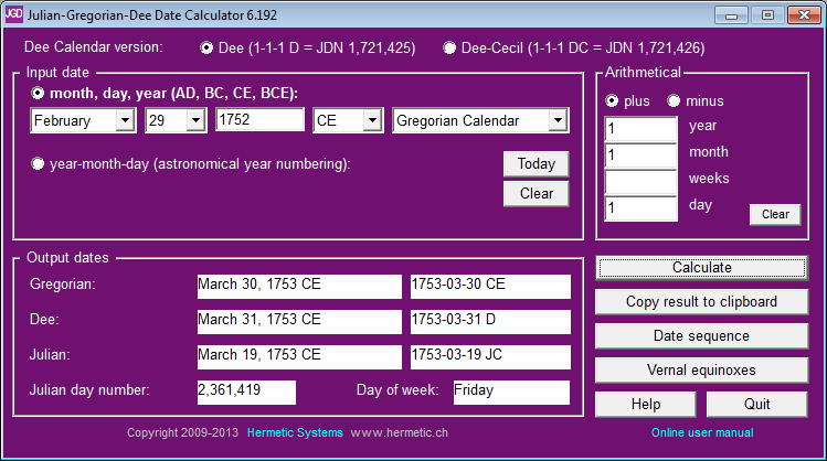 Converts Julian, Gregorian and Dee calendar dates and does date arithmetic.