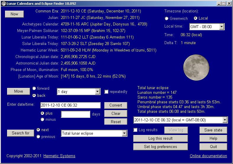 Lunar Calendars and Eclipse Finder - Software to find eclipses and lunar phases