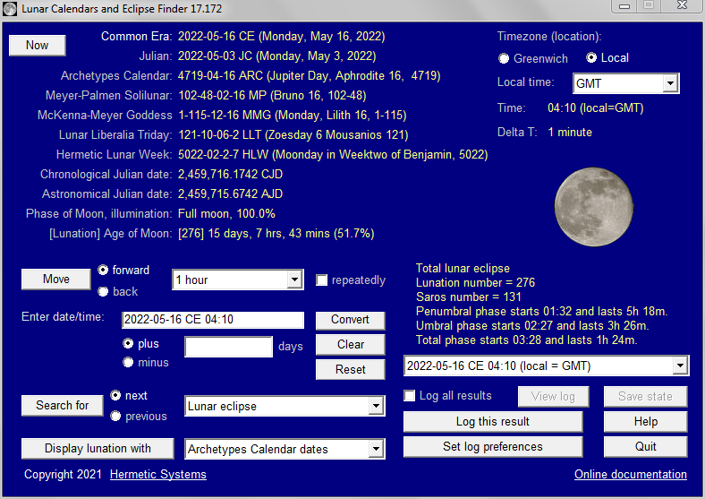 Software to find dates and times of lunar and solar eclipses and lunar phases