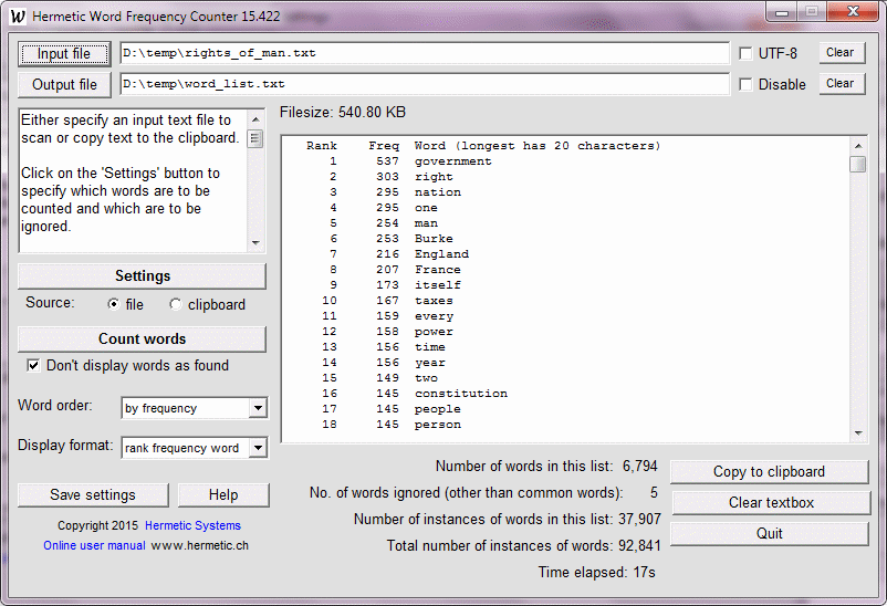 Counts word frequencies in a file or on the clipboard.