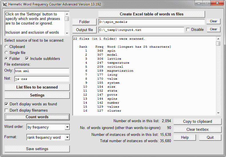 Screenshot vom Programm: Hermetic Word Frequency Counter Advanced