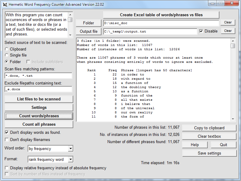 Counts frequencies of words and phrases in a single file and in multiple files.