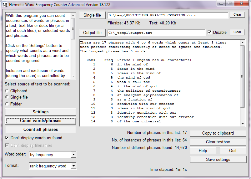 Word and phrase frequency counting software for text and Word docx files
