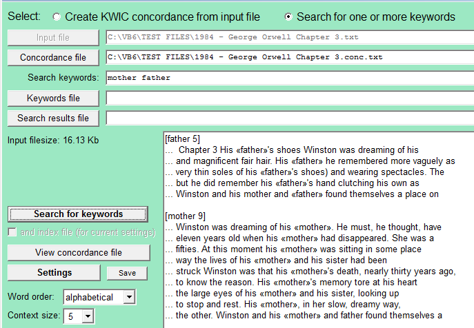 KWIC concordance -- Search mother father