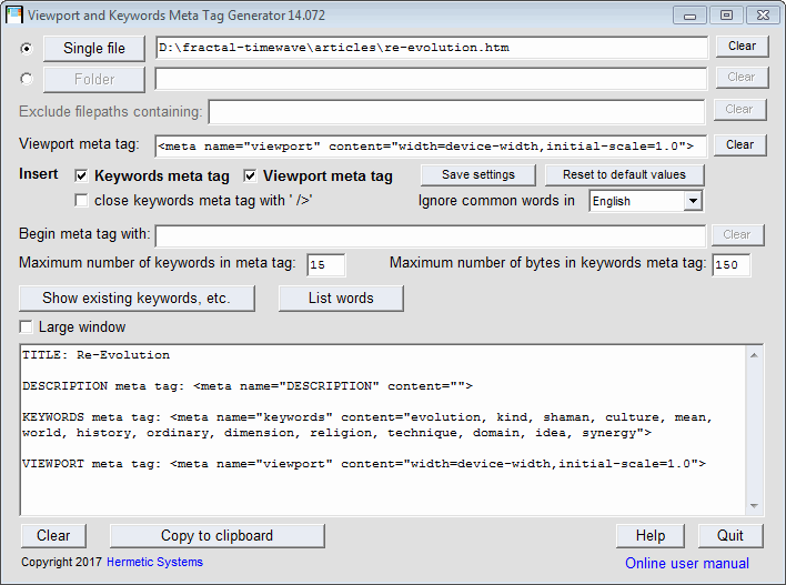 Viewport and Keywords Meta Tag Generator screenshot