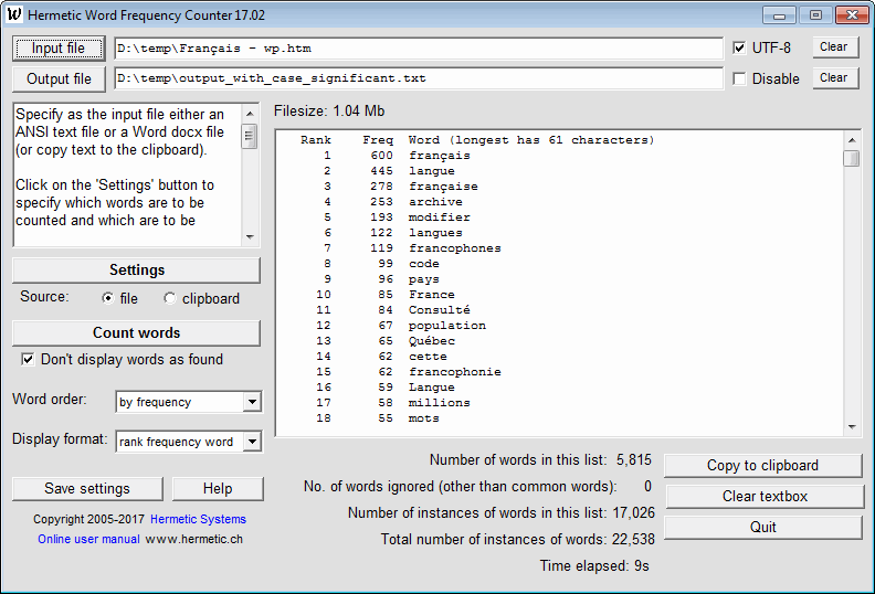 Hermetic Word Frequency Counter counting words in French text