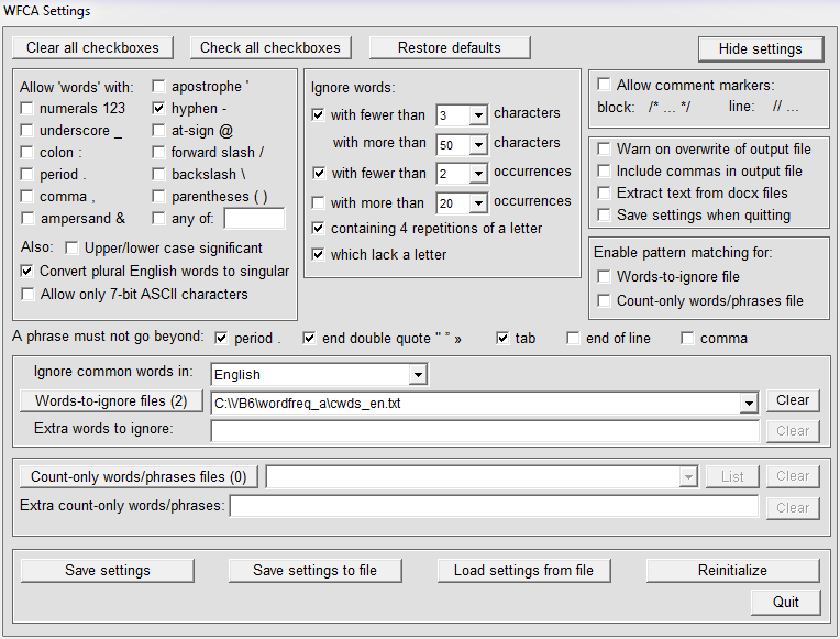 Word Frequency Counter Advanced settings window