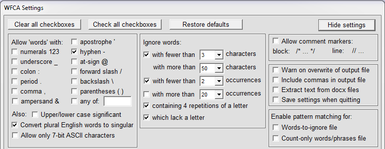 Settings panel, upper